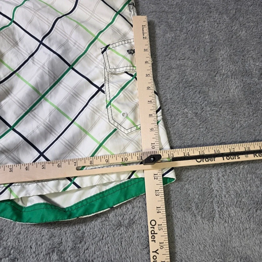 Speedo Mens XL Board Shorts White Green‎ Navy Plaid Cargo Pocket Mesh Lined Swim